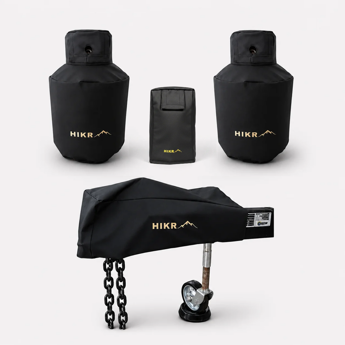 HIKR Complete Pack: two 9kg gas bottle covers, gas regulator cover and drawbar cover